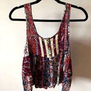 Forever 21 Red, Blue, White, Layered Peplum Lace Paisley Detailed Crop Tank